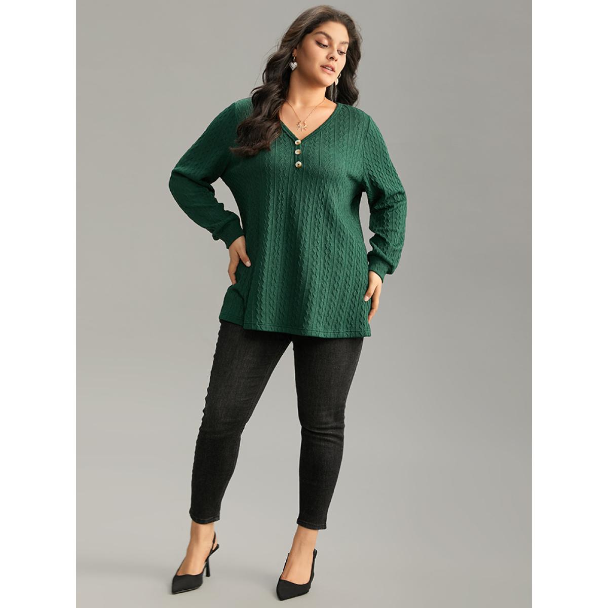 Plus Size Textured Plain Button Up V Neck Sweatshirt Women Green Casual Texture V-neck Dailywear Sweatshirts BloomChic 22-24/3X Product Image