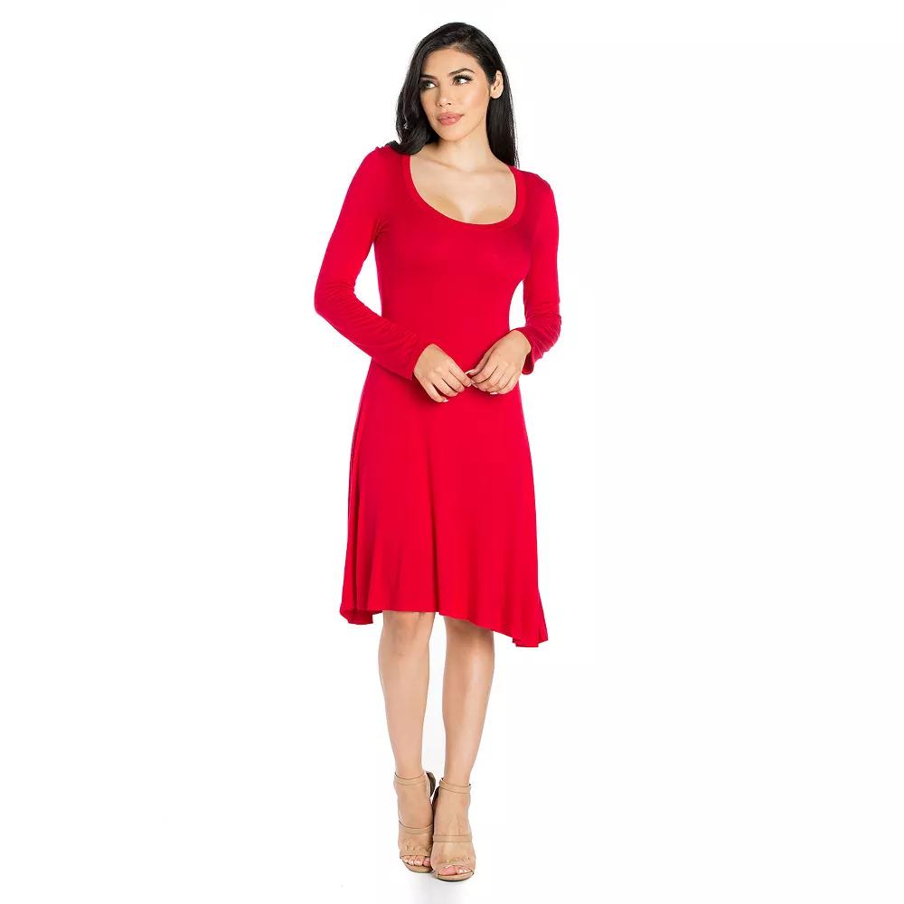 Women's 24seven Comfort Apparel Classic Scoopneck Long Sleeve Flared Mini Dress,  Product Image