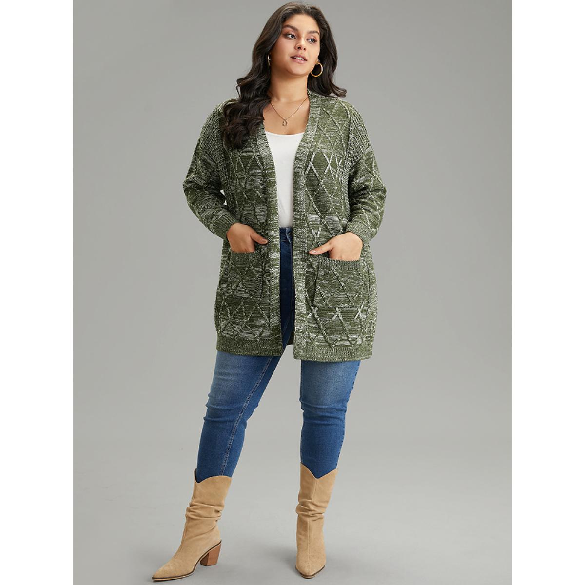 Plus Size Solid Heather Pocket Cable Knit Open Front Cardigan ArmyGreen Women Casual Loose Long Sleeve Dailywear Cardigans BloomChic 28/5X Product Image