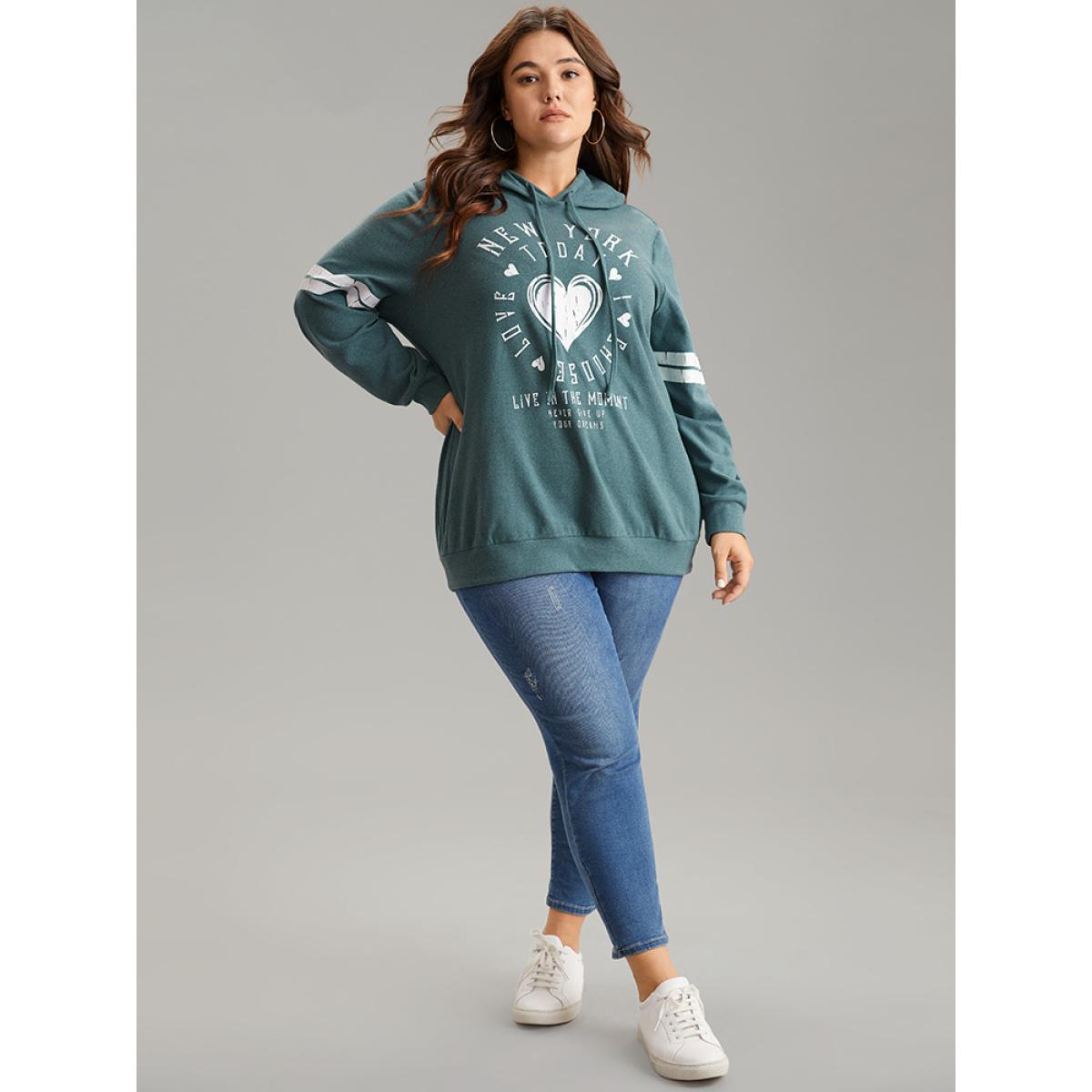 Plus Size Letter & Heart Print Hooded Drawstring Sweatshirt Women Mint Casual Thick Dailywear Sweatshirts BloomChic 28/5X Product Image