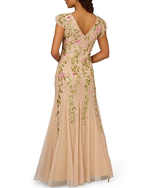 Adrianna Papell Floral Beaded Mesh V-Neck Flutter Sleeve Dress Product Image