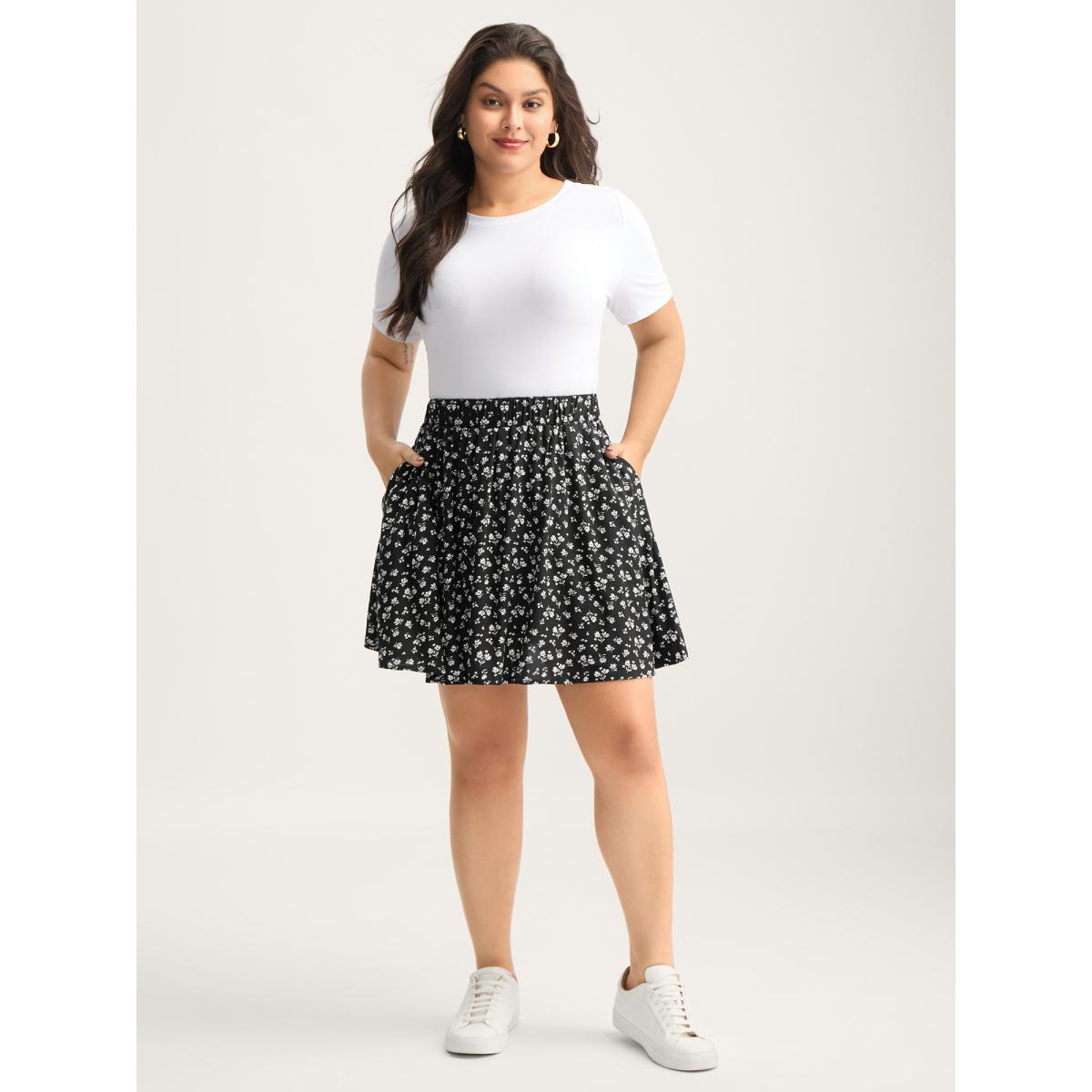 Plus Size Ditsy Floral Print Stretchy Waist Skirt Women BlackFlower Loose No stretch Side seam pocket Everyday-Casual Skirts BloomChic 28/5X Product Image