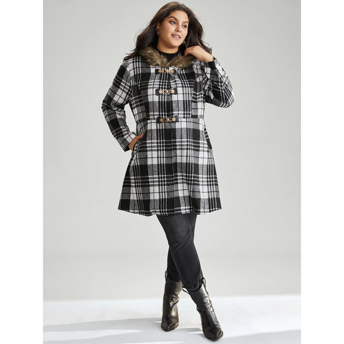 Plus Size Plaid Patchwork Duffle Button Fuzzy Trim Coat Women Black Casual Lined Ladies Dailywear Winter Coats BloomChic 30/6X Product Image