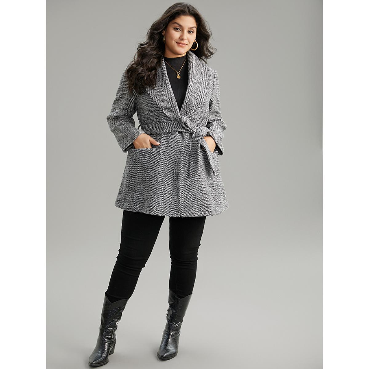 Plus Size Tweed Belted Lapel Collar Flap Pocket Coat Women Black Casual Belted Ladies Dailywear Winter Coats BloomChic 30/6X Product Image