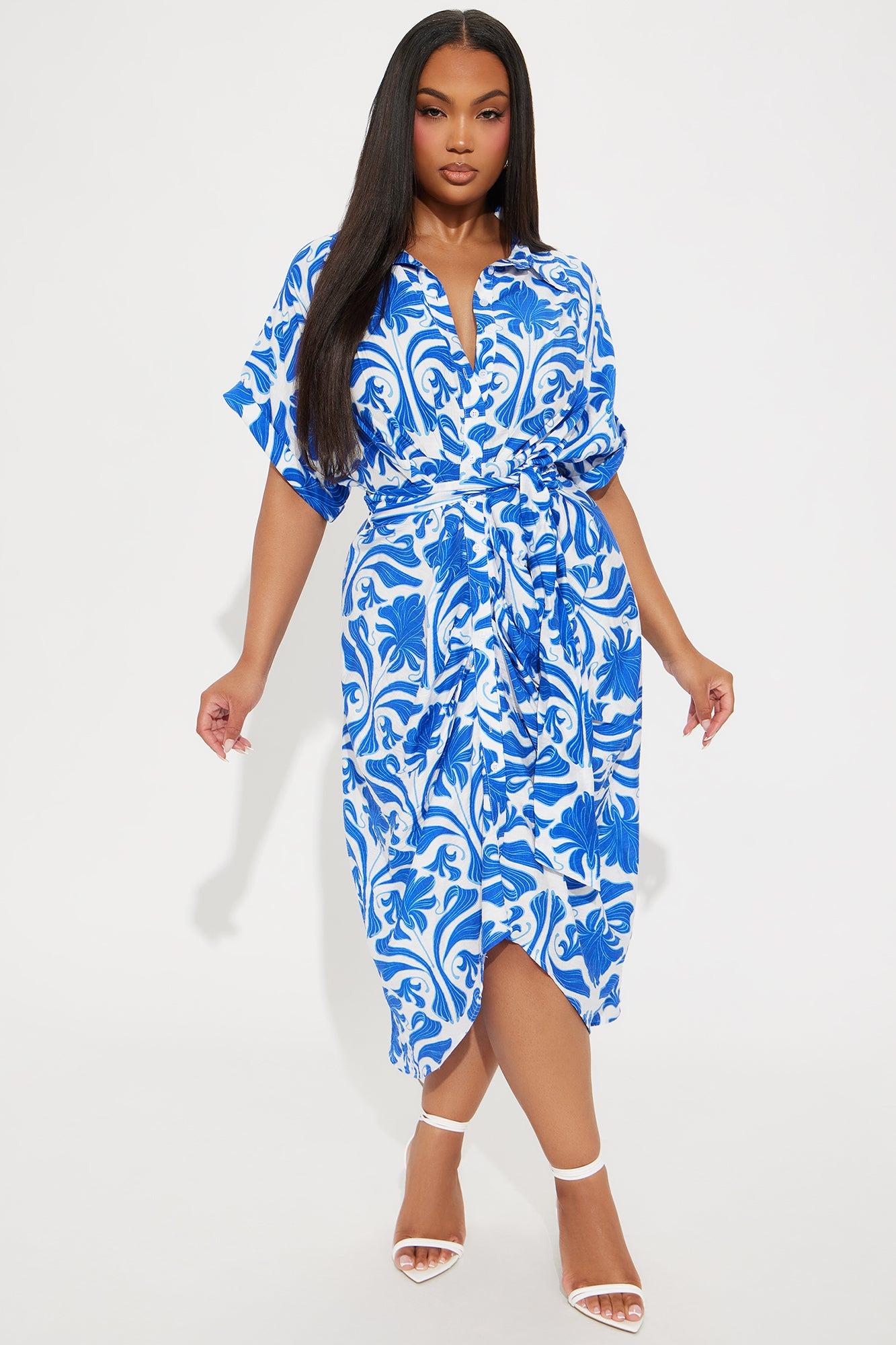 Nori Linen Shirt Midi Dress - Royal/combo Product Image