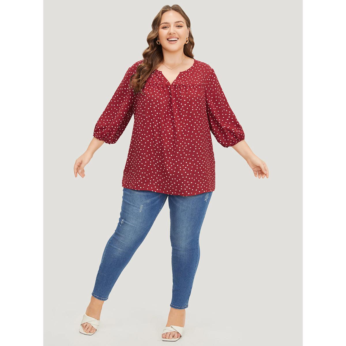 Plus Size Scarlet Polka Dot Notched Plicated Detail Lantern Sleeve Blouse Women Elegant Elbow-length sleeve Notched collar Dailywear Blouses BloomChic 18-20/2X Product Image