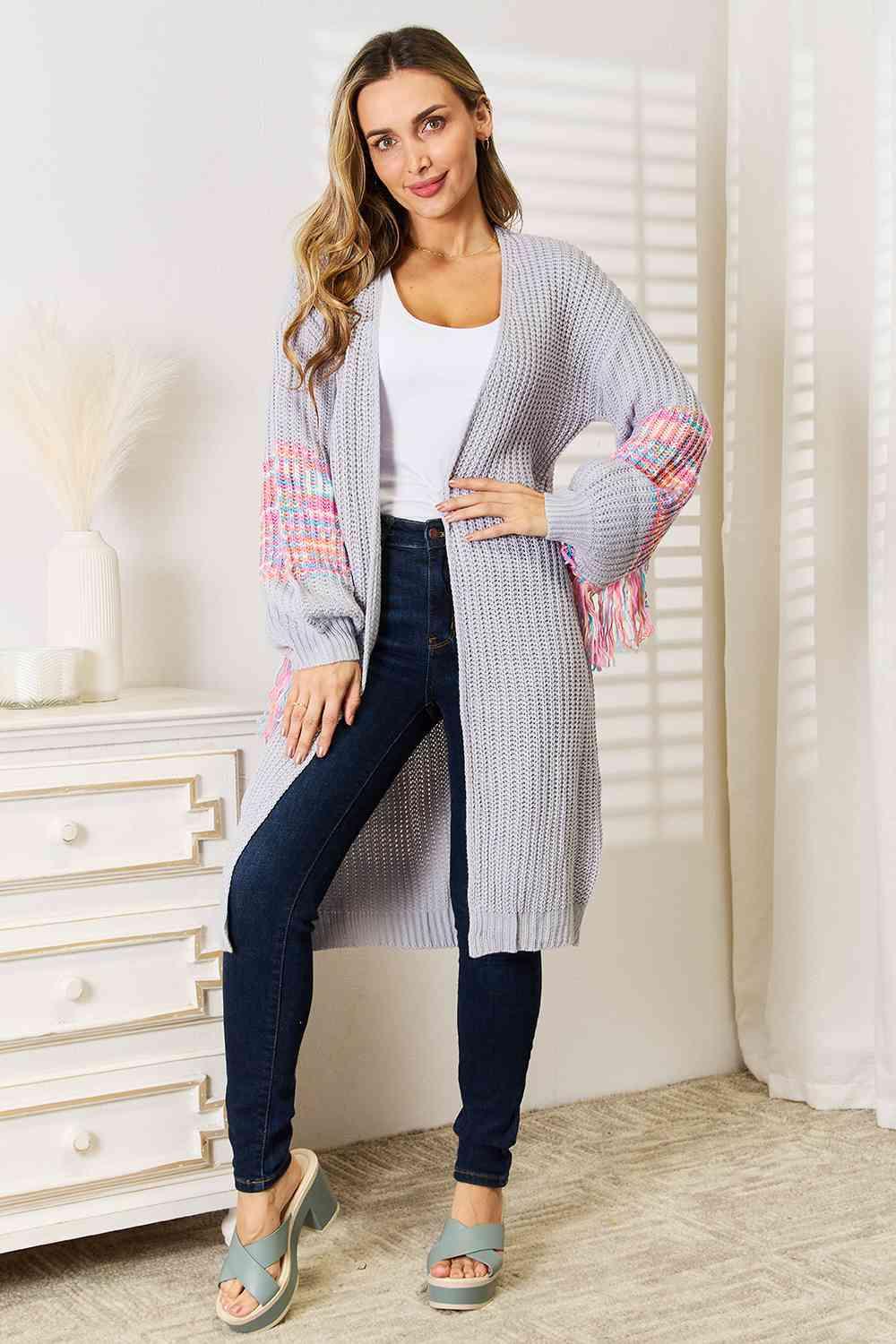 Woven Right Fringe Sleeve Dropped Shoulder Cardigan Product Image