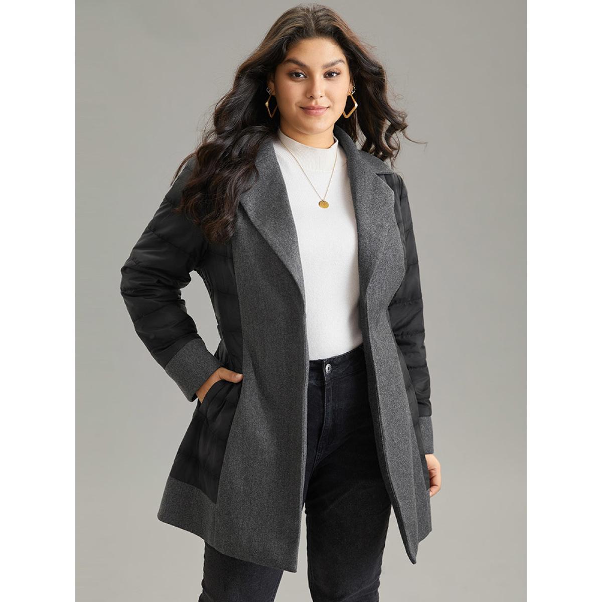 Plus Size Padded Patchwork Tweed Belted Lapel Collar Coat Women DimGray At the Office Lined Ladies Office Winter Coats BloomChic 10/M Product Image