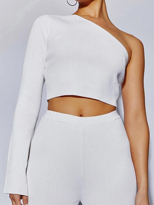 Solid Color Slanted Shoulder Asymmetry Long Sleeve Knit Product Image