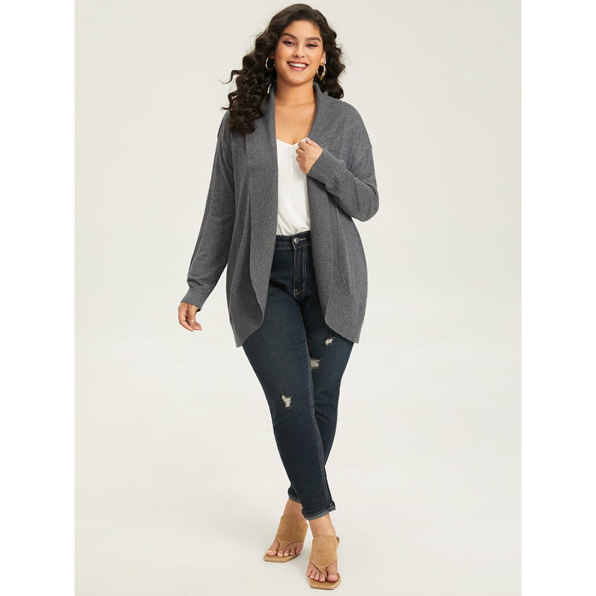 Plus Size Supersoft Essentials Plain Texture Arc Hem Cardigan Gray Women Casual Loose Long Sleeve Everyday Cardigans BloomChic 28/5X Product Image