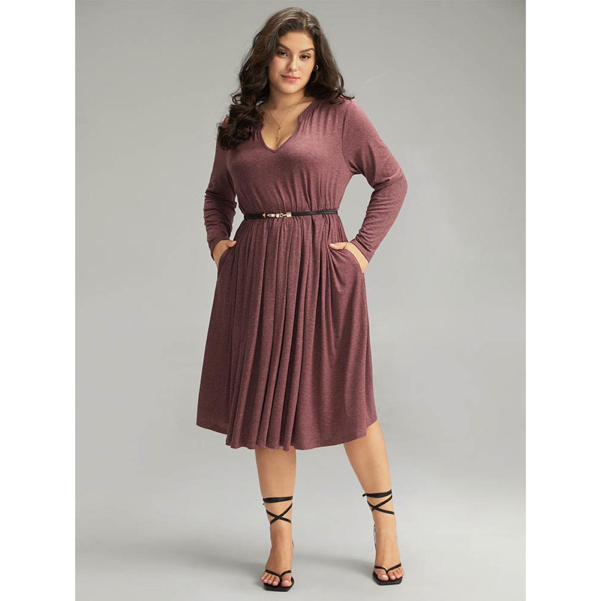 Plus Size Supersoft Essentials Notched Elastic Waist Dress Russet Women Elegant Gathered Notched collar Long Sleeve Curvy Midi Dress BloomChic 14-16/1X Product Image
