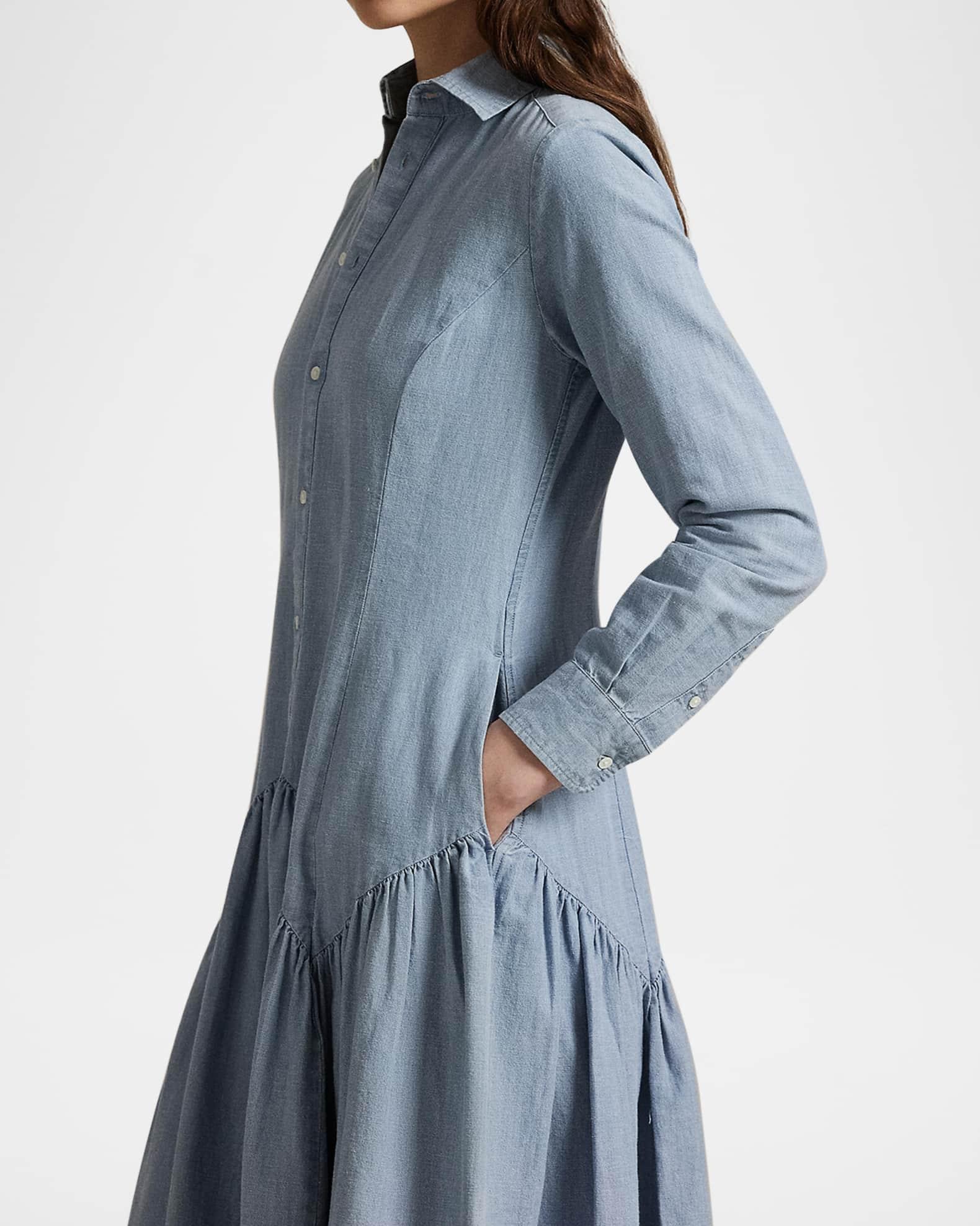 Long-Sleeve Cotton-Linen Chambray Shirtdress Product Image