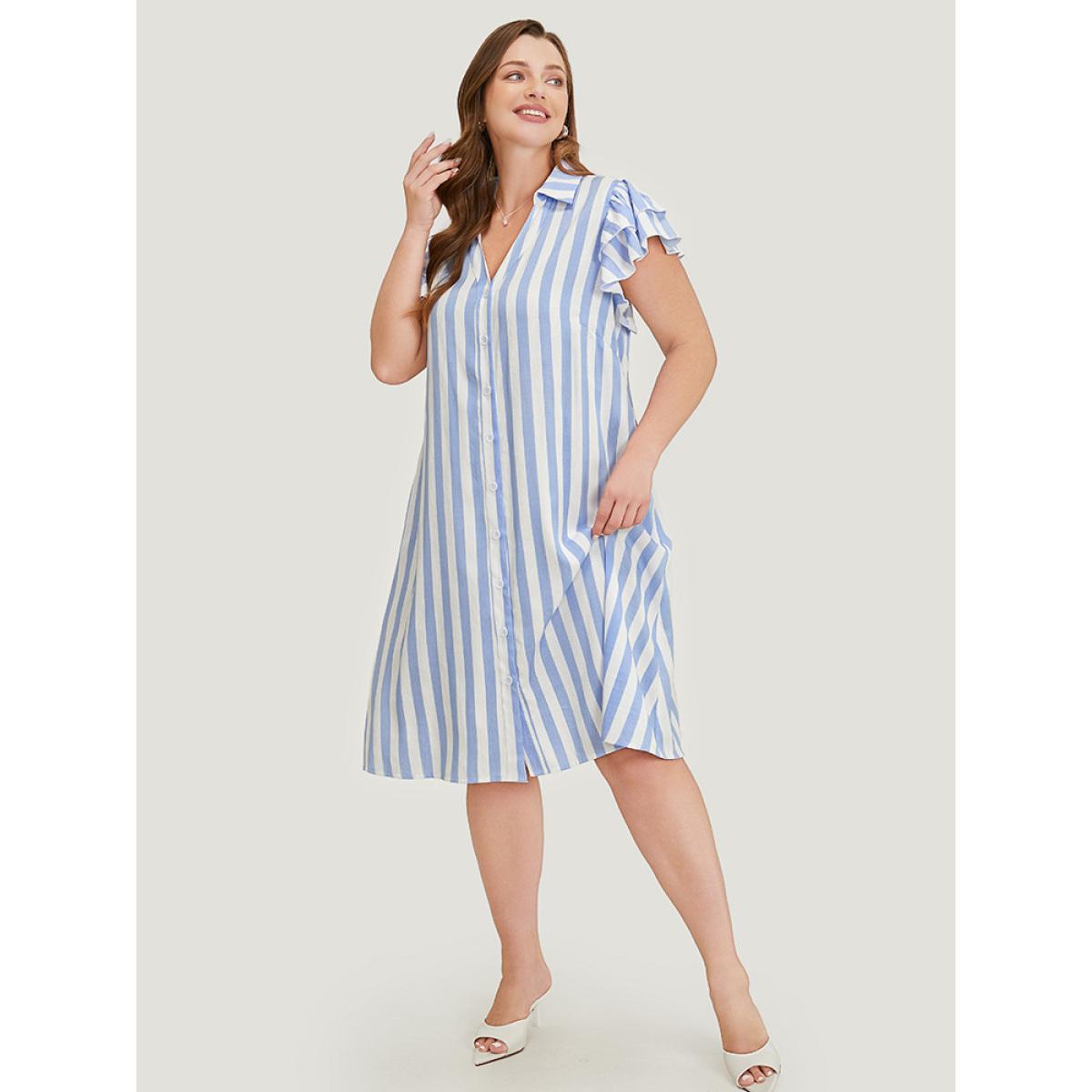 Plus Size Striped Print Ruffles Layered Cap Sleeve Button Up Dress LightBlue Women Office Contrast Lapel Collar Cap Sleeve Curvy Knee Dress BloomChic 12/L Product Image