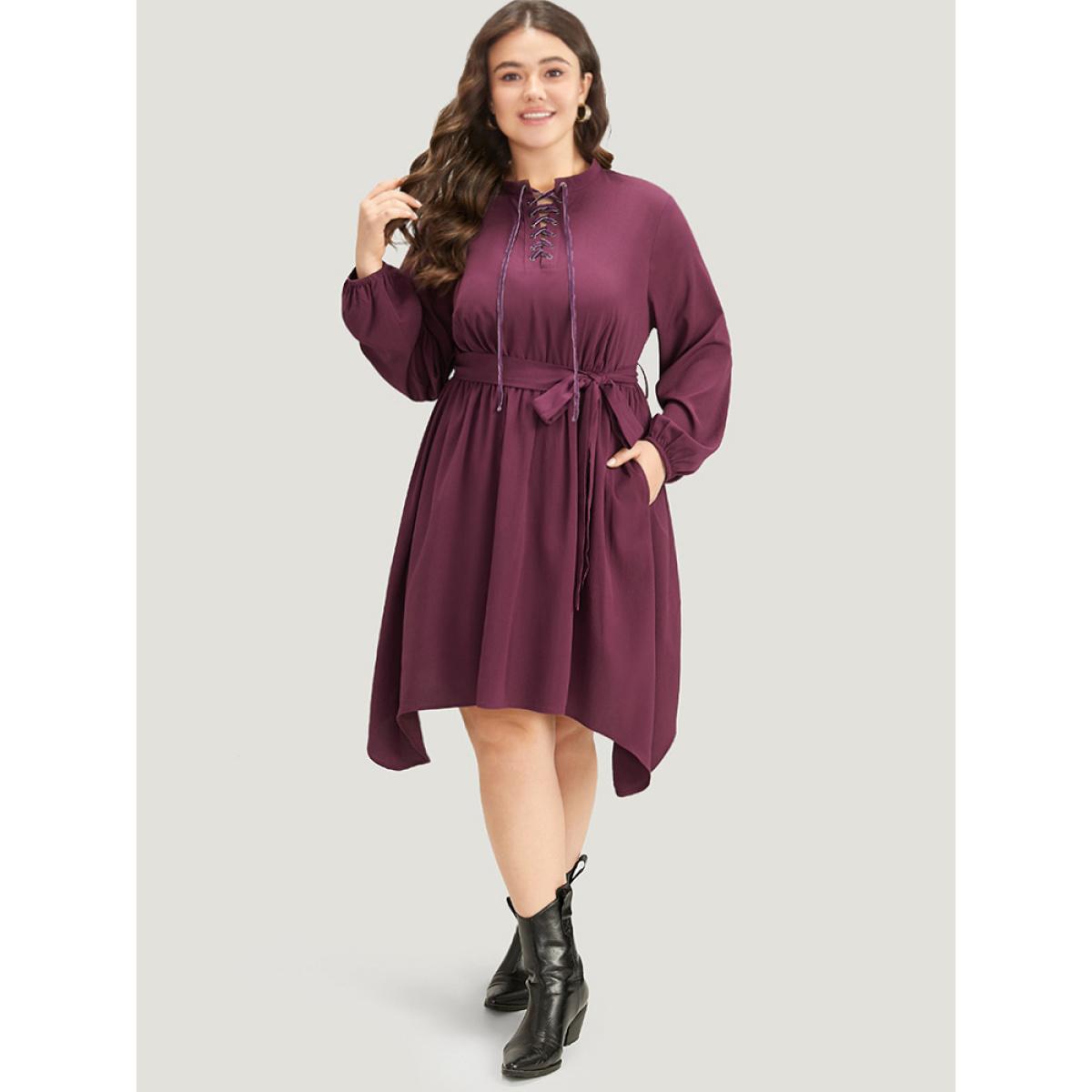 Plus Size Halloween Plain Lantern Sleeve Belted Lace Up Asymmetrical Hem Dress Purple Women Office Elastic cuffs Tie Neck Long Sleeve Curvy Knee Dress BloomChic 30/6X Product Image