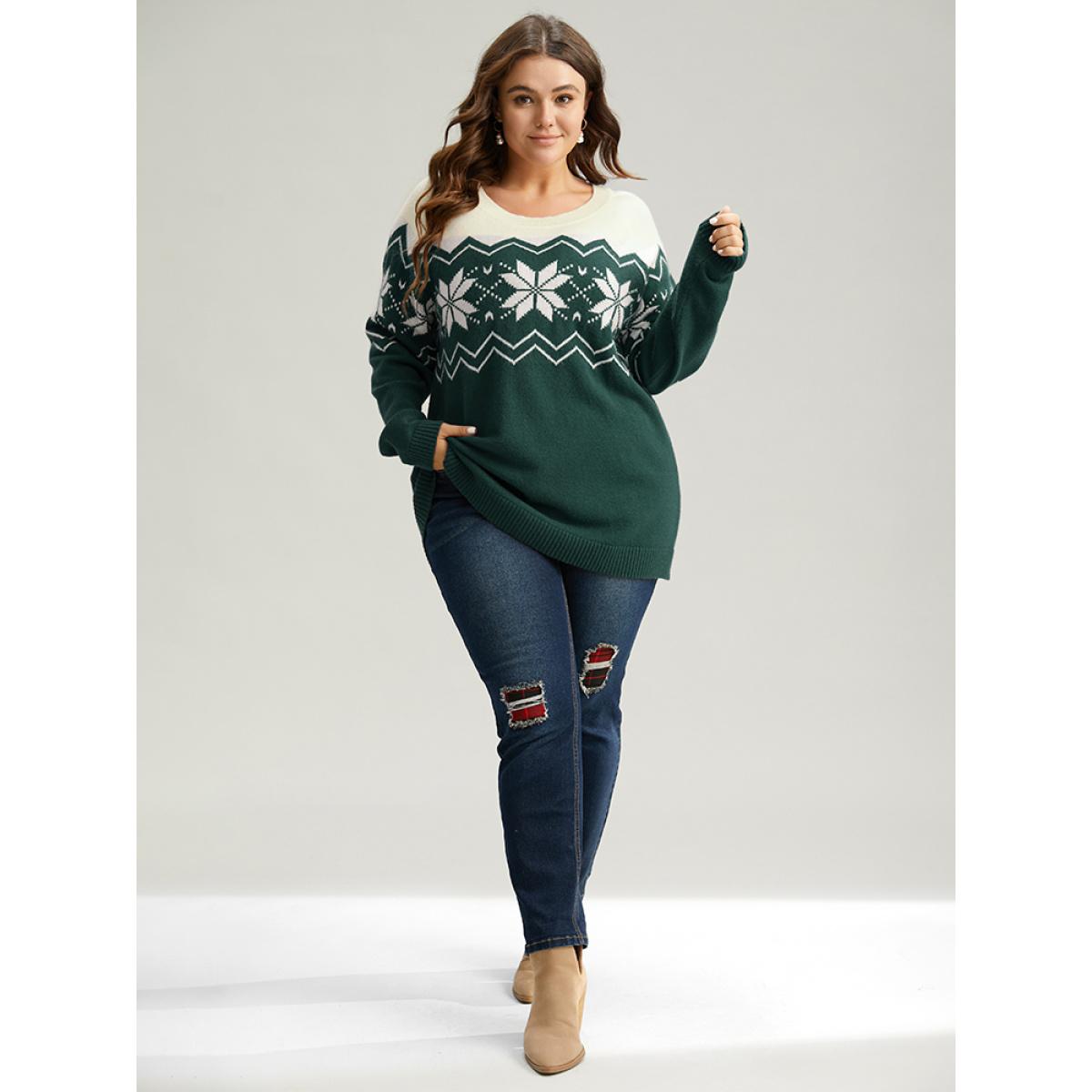 Plus Size Supersoft Essentials Snowflake Colorblock Pullover DarkGreen Women Casual Loose Long Sleeve Round Neck Festival-Christmas Pullovers BloomChic 10/M Product Image