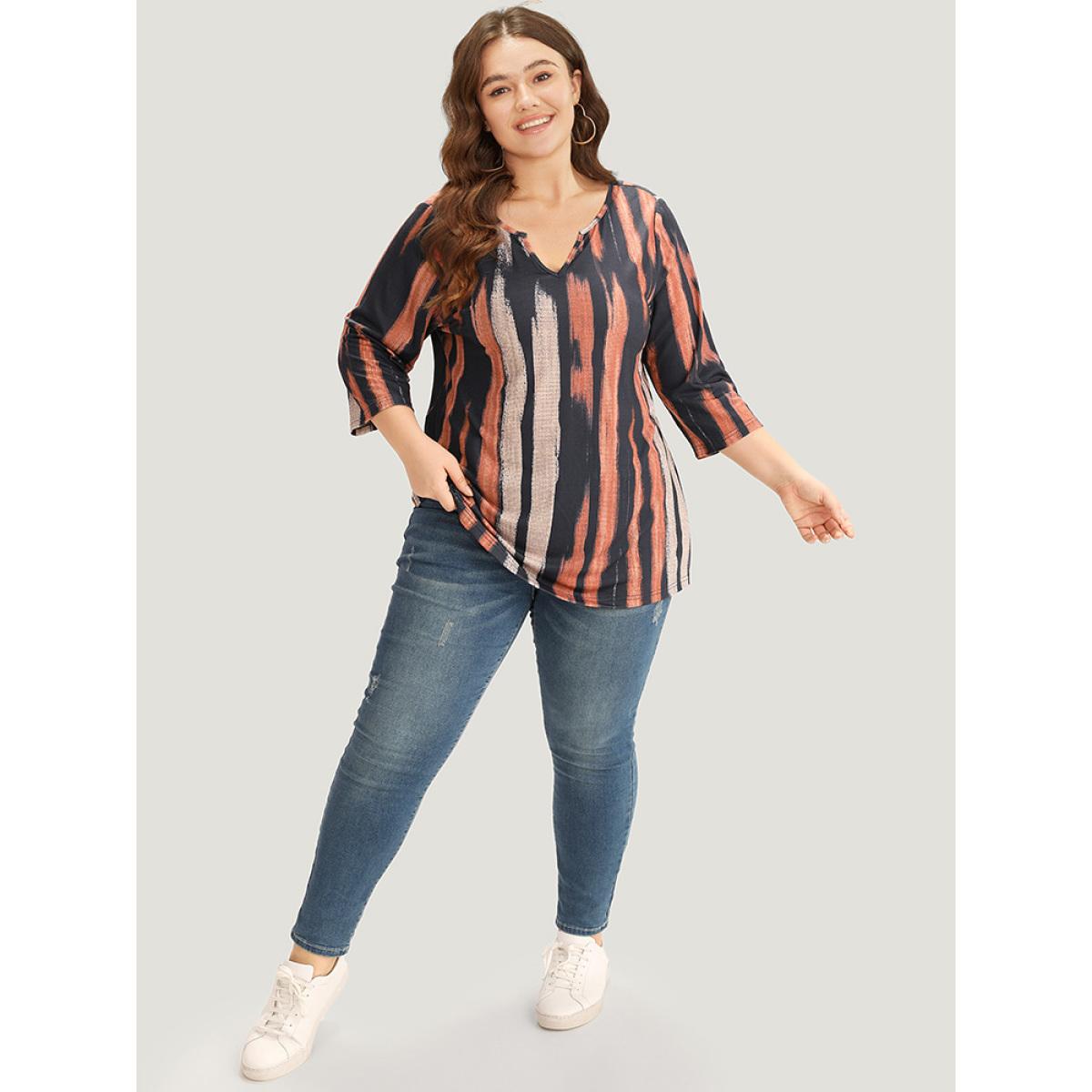 Plus Size Brush Print Notched Three Quater Length Sleeve T-shirt Multicolor Women Casual Printed Colorblock Notched collar Dailywear T-shirts BloomChic 10/M Product Image