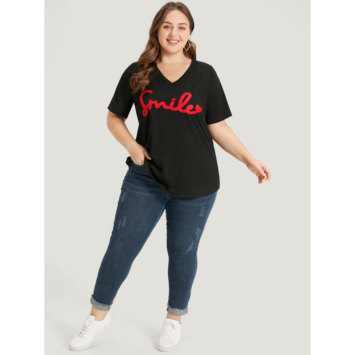 Plus Size Letter Embroidered V Neck T-shirt Black Women Casual Embroidered Letter Dailywear T-shirts BloomChic 14-16/1X Product Image