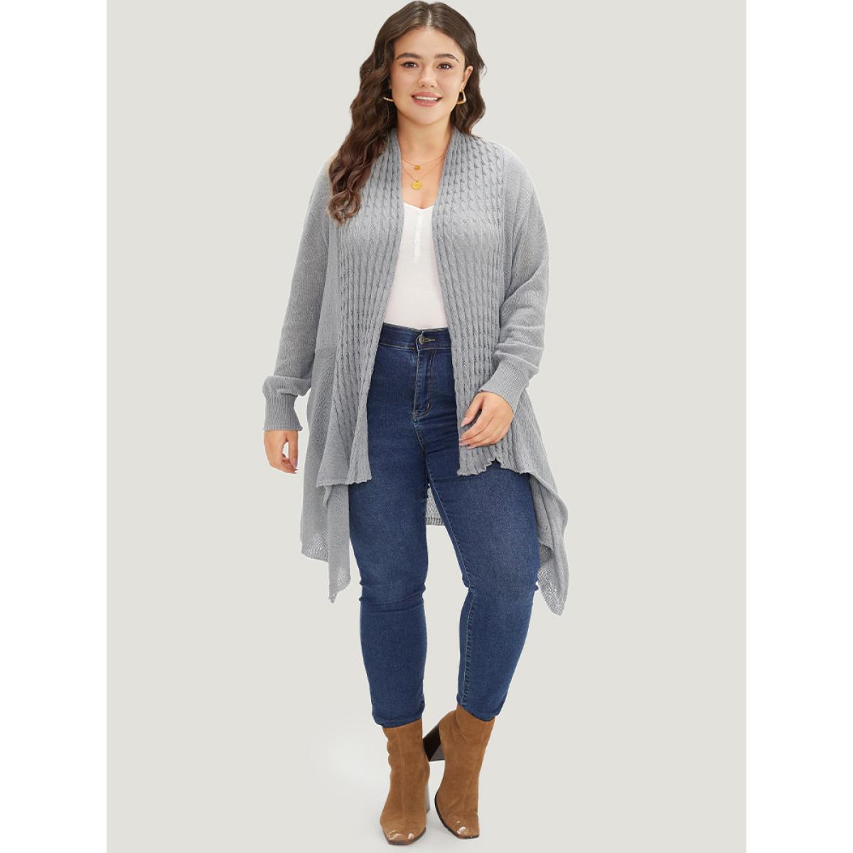 Plus Size Cable Knit Open Front Asymmetrical Hem Cardigan DarkGray Women Casual Loose Long Sleeve Dailywear Cardigans BloomChic 30/6X Product Image