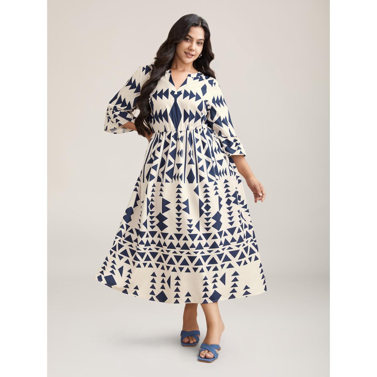 Plus Size Geometric Print Stretchy Waist Pockets Maxi Dress Beige Women Resort Ruffles Flat collar with V-notch Elbow-length sleeve Curvy BloomChic 12/L Product Image