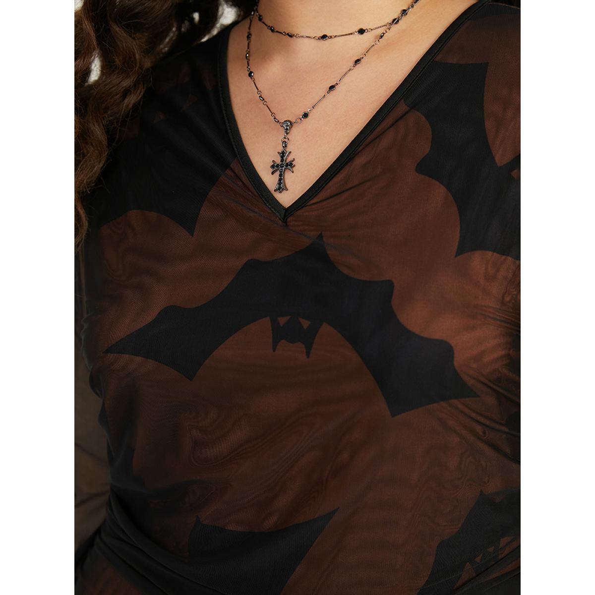 Plus Size Halloween Bat V Neck Mesh Patchwork Dress DarkBrown Women Casual See through V-neck Long Sleeve Curvy Midi Dress BloomChic 10/M Product Image
