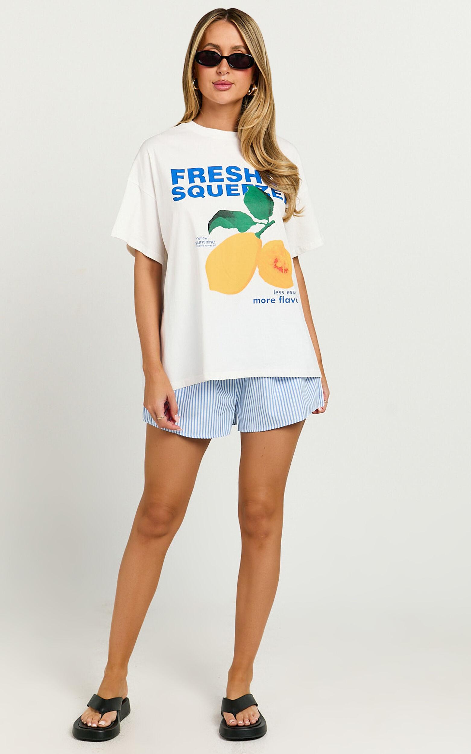 Gwen Two Piece Top and Shorts Set - Freshly Squeezed T-shirt Set in White/Blue Product Image