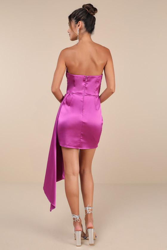 Ethereal Excellence Magenta Satin Pleated Strapless Mini Dress Product Image