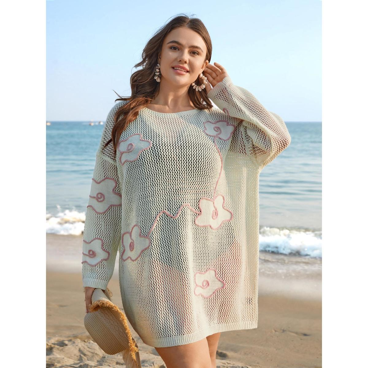 Plus Size Floral Pattern Cut-Out Round Neck Swim Cover-Up Women's Swimwear Ivory Beach Loose Curve Swim Cover Ups BloomChic 26/4X Product Image