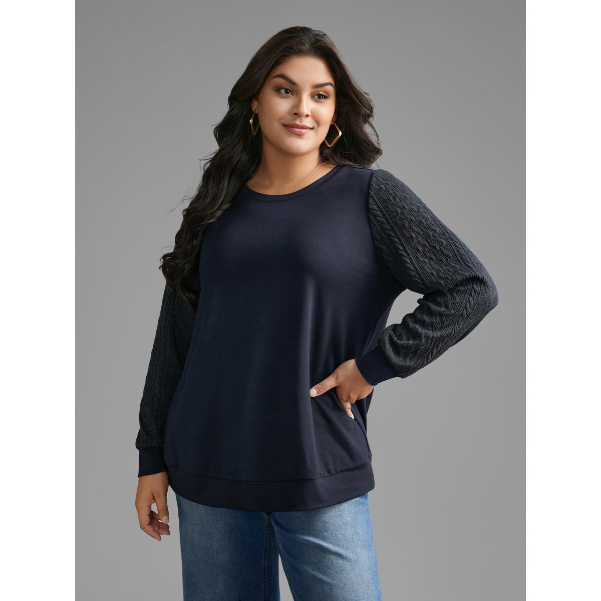 Plus Size Crew Neck Plain Textured Patchwork Sweatshirt Women Midnight Casual Texture Round Neck Everyday Sweatshirts BloomChic 10/M Product Image