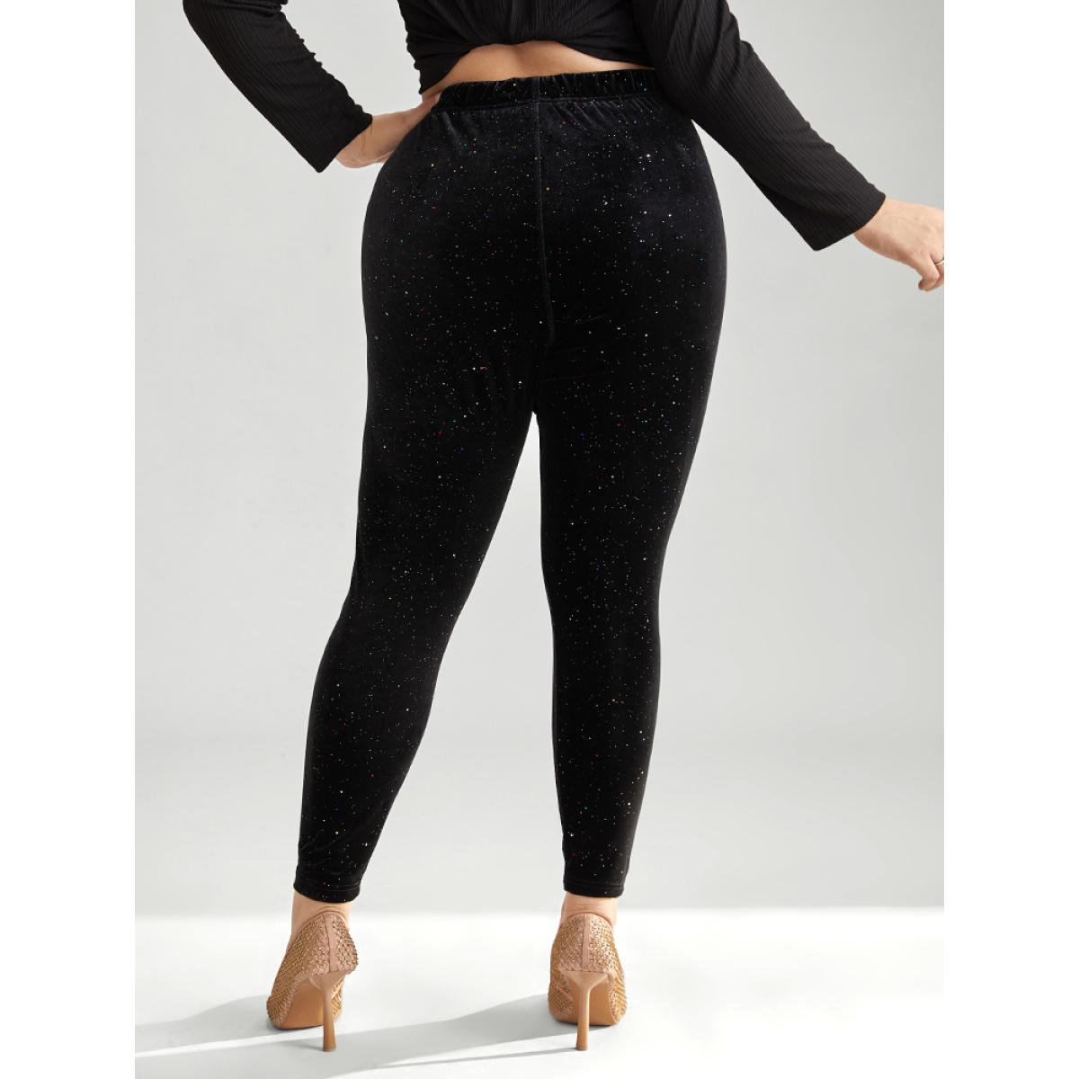 Plus Size Velvet Rhinestone High Rise Skinny Leggings Women Black Glamour High stretch Skinny High Rise Party Leggings BloomChic 28/5X Product Image