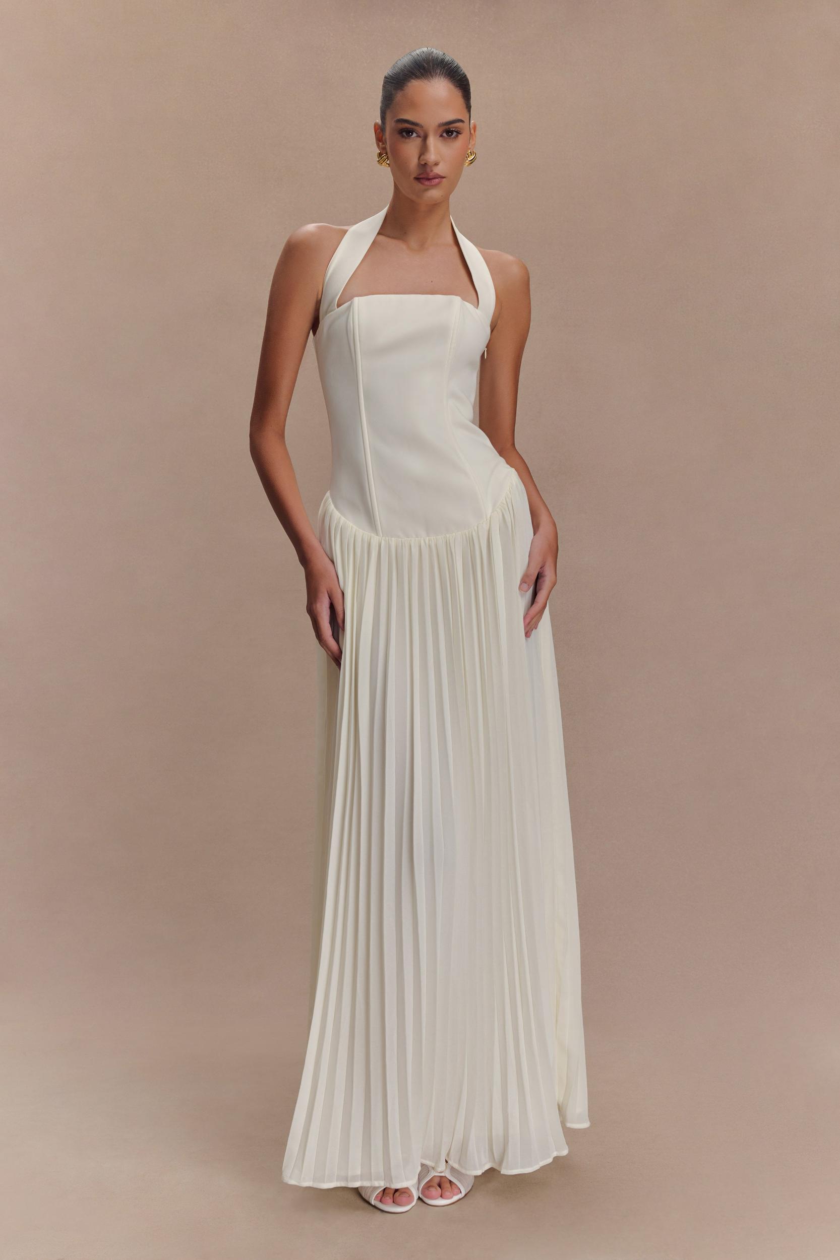 Stacie Pleated Halter Maxi Dress - Ivory Product Image