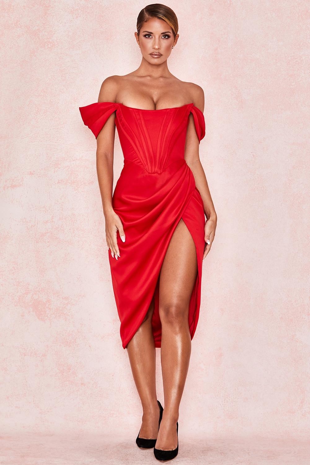 Loretta  red satin off shoulder dress Product Image