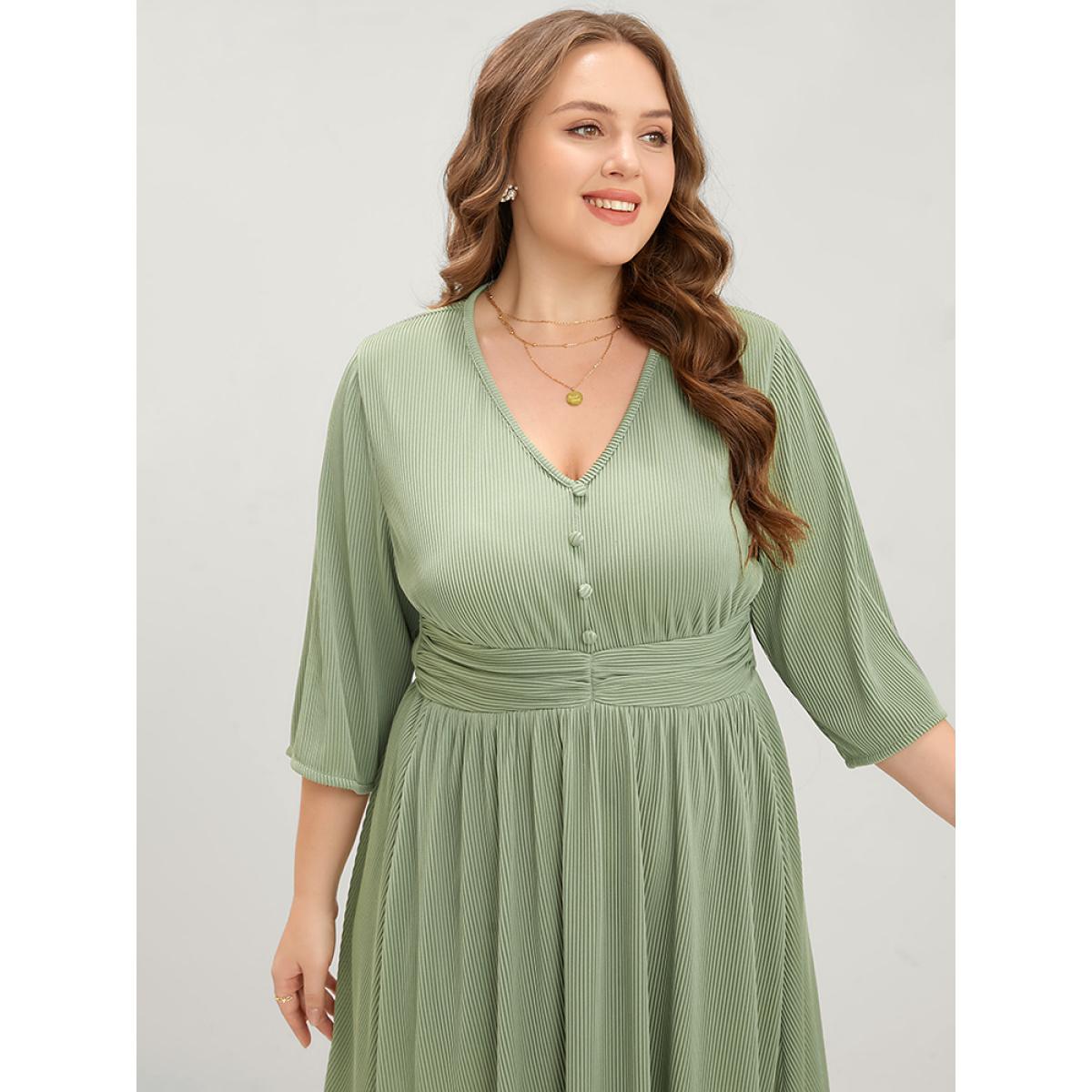 Plus Size Plain Button Detail Pocket Ruched Rib Knit Flutter Dress Moss Women Elegant Plain V-neck Long Sleeve Curvy Midi Dress BloomChic 12/L Product Image