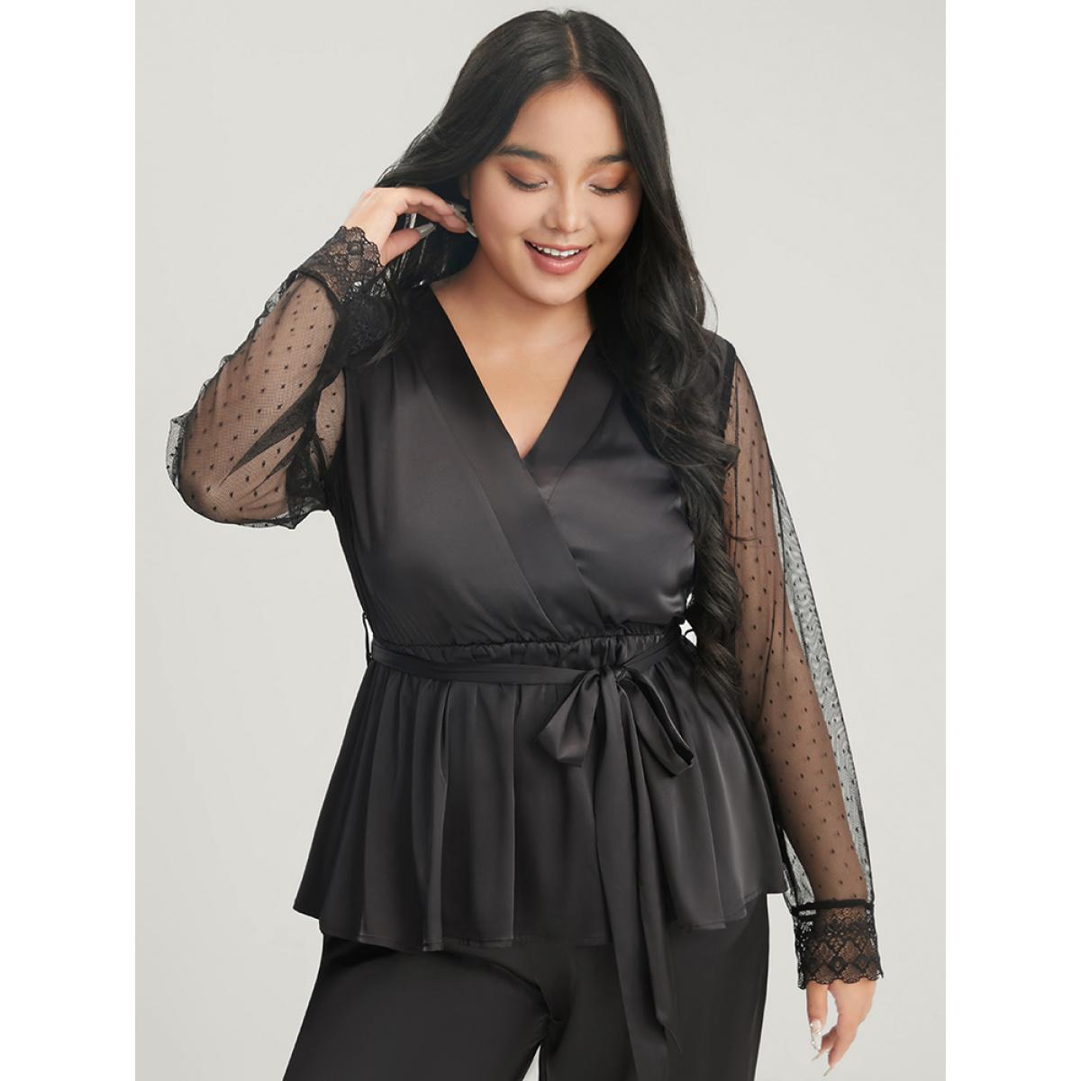Plus Size Solid Mesh Lace Wrap Belted Pajama Set Women Black Plain Cross straps Long Sleeve V-neck Elegant Loungewear Sets BloomChic 26/4X Product Image