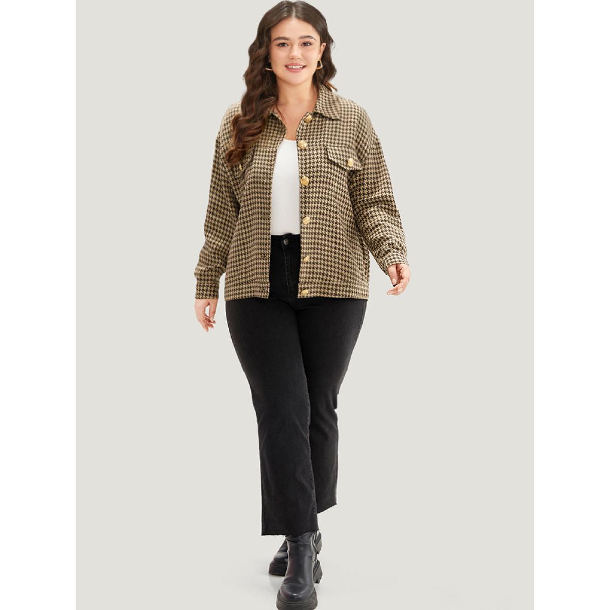 Plus Size Houndstooth Pocket Metal Detail Jacket Women Tan Texture Dailywear Jackets BloomChic 22-24/3X Product Image