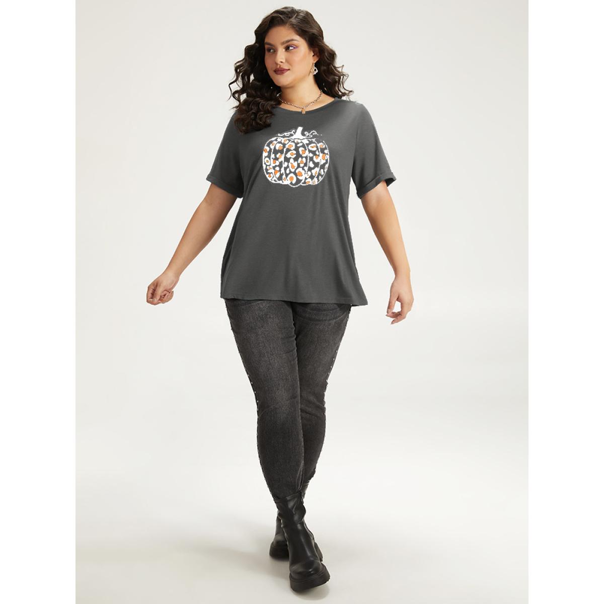 Plus Size Halloween Pumpkin Print Crew Neck T-shirt DimGray Women Casual Printed Halloween Dailywear T-shirts BloomChic 28/5X Product Image