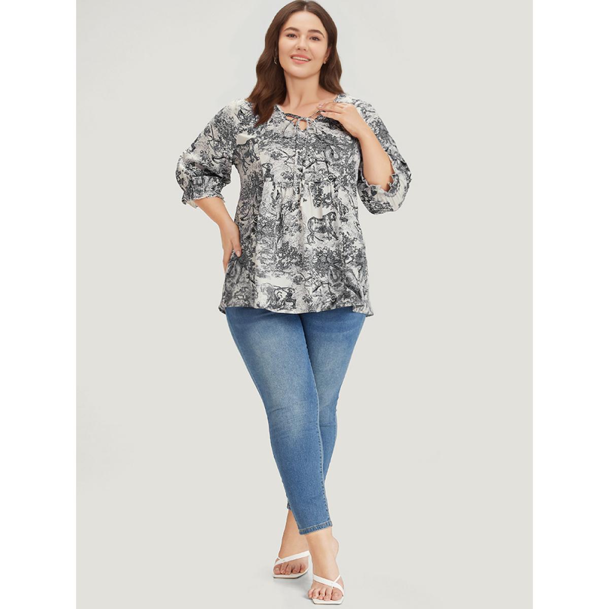 Plus Size Black Print Knot Neck Lantern Sleeve Ruffle Hem Blouse Women Vacation Half Sleeve V-neck Dailywear Blouses BloomChic 10/M Product Image