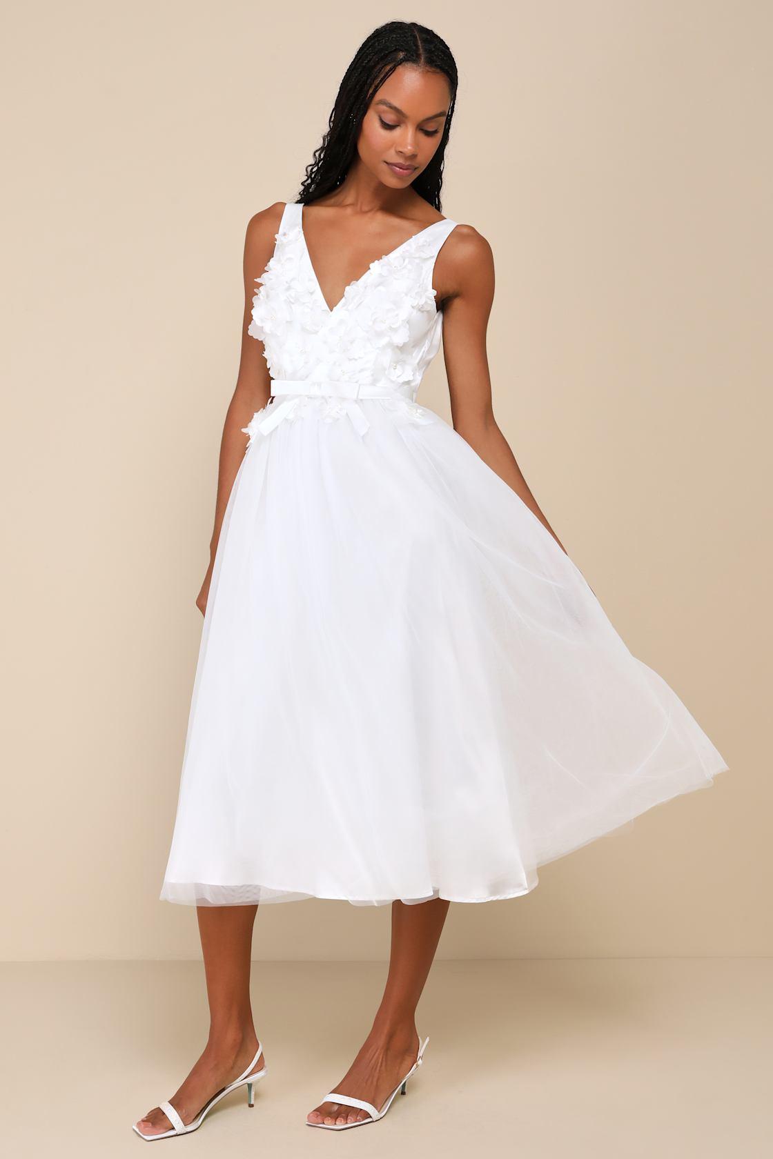 Dreamy Presence White Tulle Floral Applique Bow Midi Dress Product Image