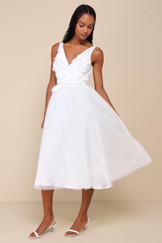 Dreamy Presence White Tulle Floral Applique Bow Midi Dress Product Image