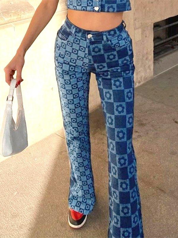 Checkered Print High Waist Slim Jeans Product Image
