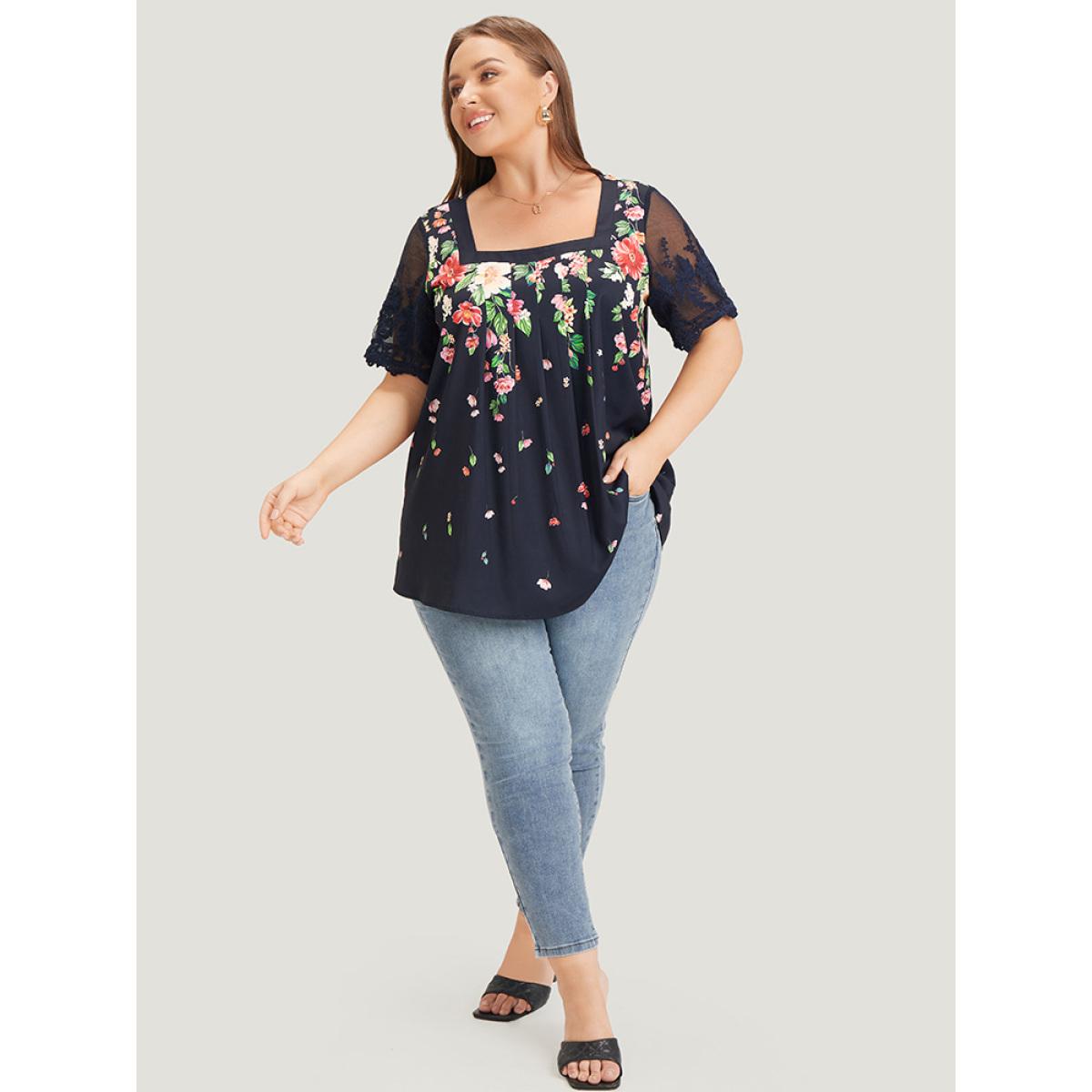 Plus Size Indigo Floral Pleated Mesh Lace Sleeve Square Neck Blouse Women Vacation Short sleeve Square Neck Dailywear Blouses BloomChic 26/4X Product Image