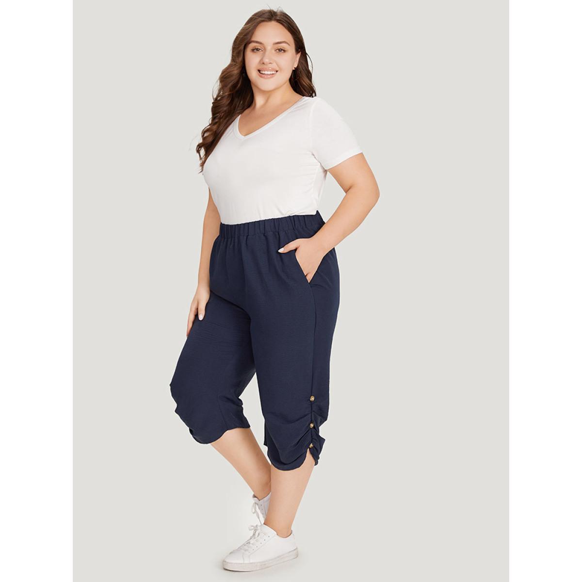 Plus Size Solid Pocket Beaded Detail Gathered Pants Women Blue Casual High Rise Dailywear Pants BloomChic 10/M Product Image