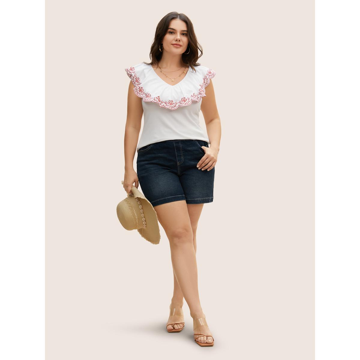 Plus Size Bandana Floral Embroidered Ruffle Trim Tank Top Women Originalwhite Resort Contrast V-neck Vacation Tank Tops Camis BloomChic 14-16/1X Product Image