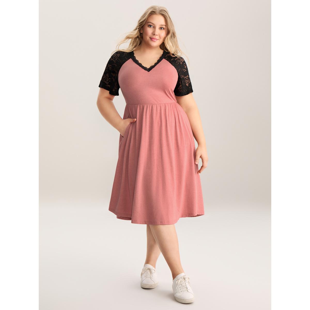 Plus Size Stretchy Color Contrast V-Neck Midi Dress Watermelon Women V-neck Short sleeve Curvy BloomChic 18-20/2X Product Image