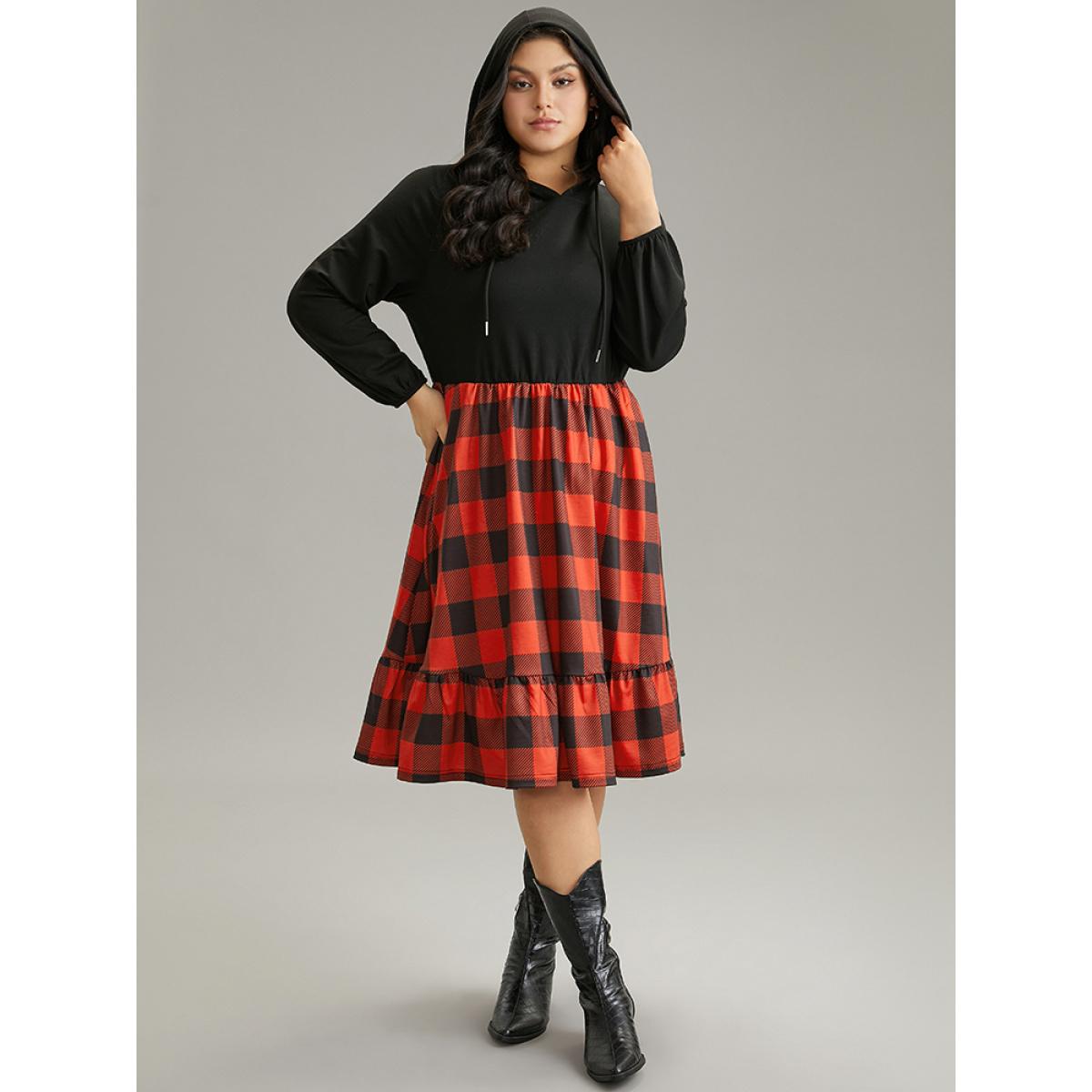 Plus Size Plaid Patchwork Ruffle Hem Hooded Lantern Sleeve Dress Black Women Casual Elastic cuffs Hooded Long Sleeve Curvy Midi Dress BloomChic 18-20/2X Product Image