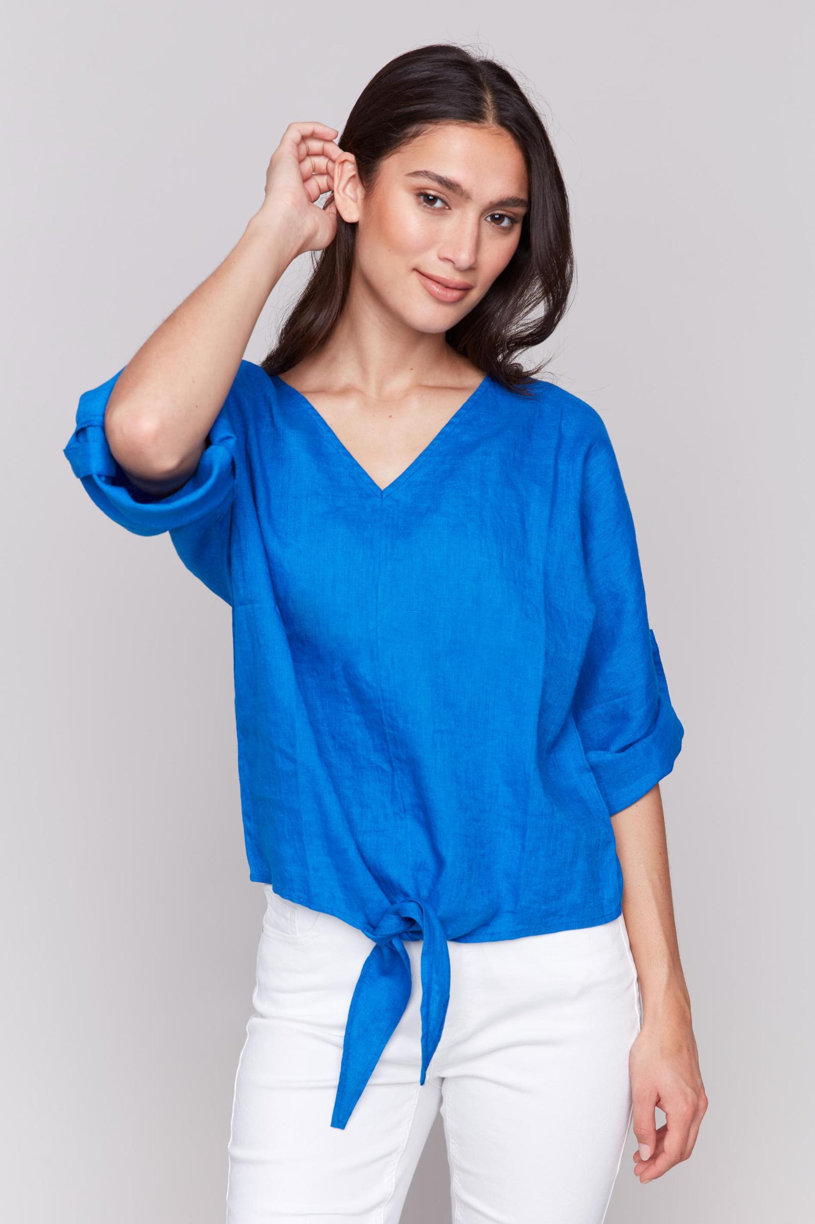 Dolman 3/4 Roll Up Sleeves Blouse with Front Tie Product Image