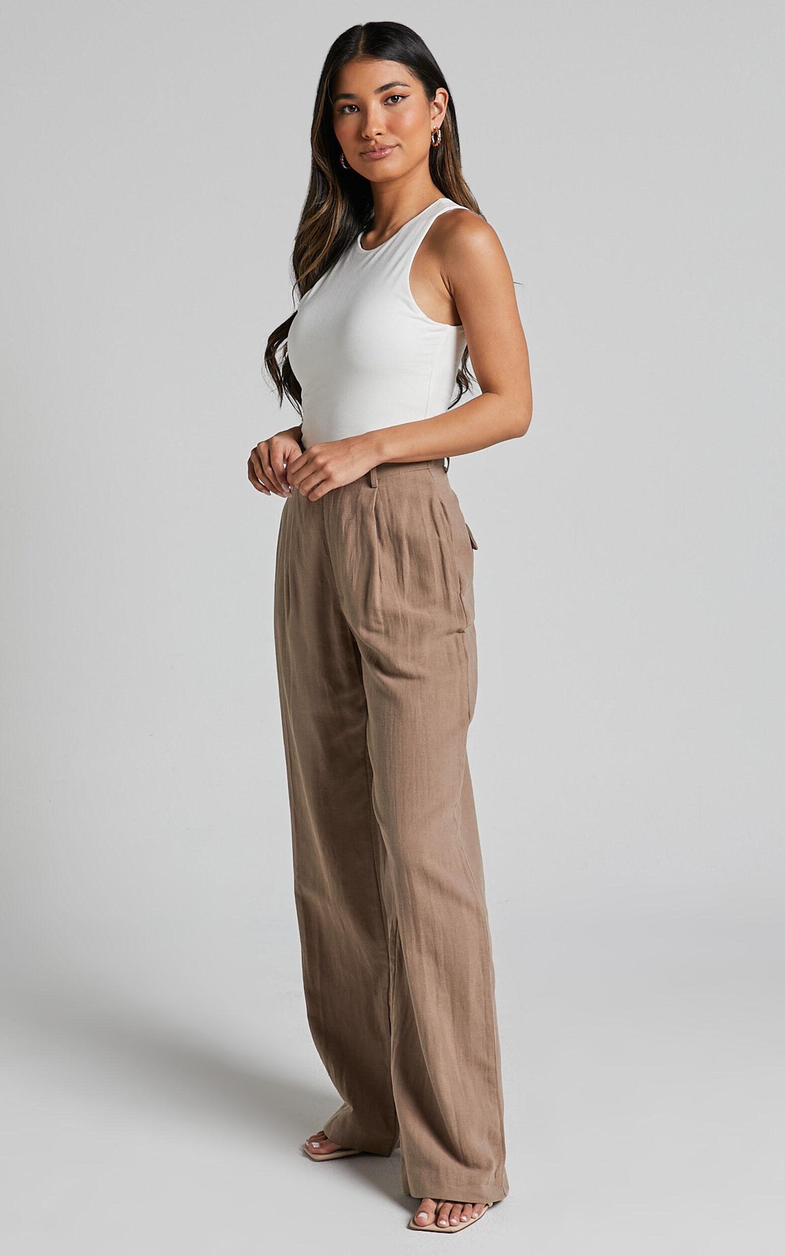 Larissa Trousers - Linen Mid Waisted Relaxed Straight Leg Trousers in Mushroom Product Image
