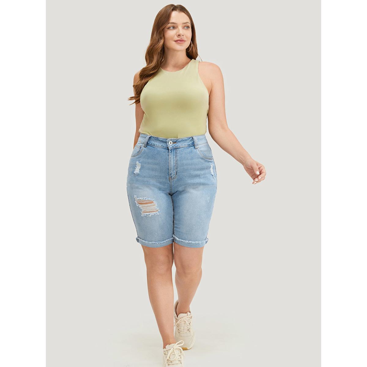 Plus Size Moderately Stretchy High Rise Light Wash Distressed Denim Shorts Women LightBlue Casual Plain Medium stretch Pocket Jeans BloomChic 14/1X Product Image