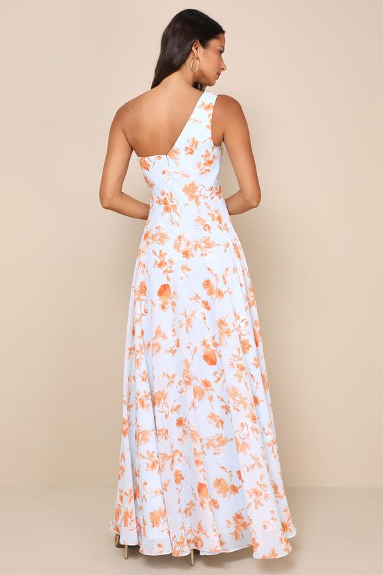 Fashionably Refined Light Blue Floral One-Shoulder Maxi Dress Product Image