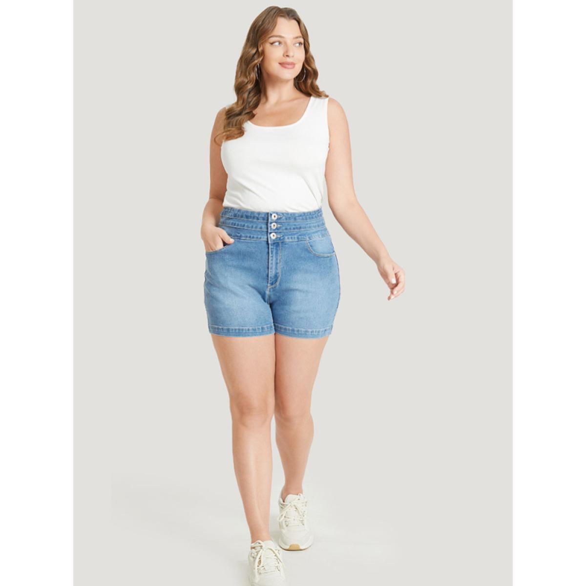 Plus Size Very Stretchy Medium Wash Stitch Trim Denim Shorts Women Blue High stretch Dailywear Pocket Casual Denim Shorts BloomChic 14/1X Product Image