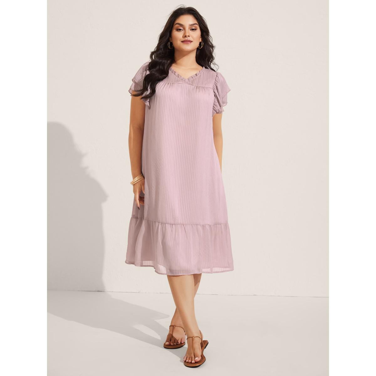 Plus Size Sheer Textured Layered Ruffled Sleeve Midi Dress Nudepink Women V-neck Cap Sleeve Curvy BloomChic 30/6X Product Image